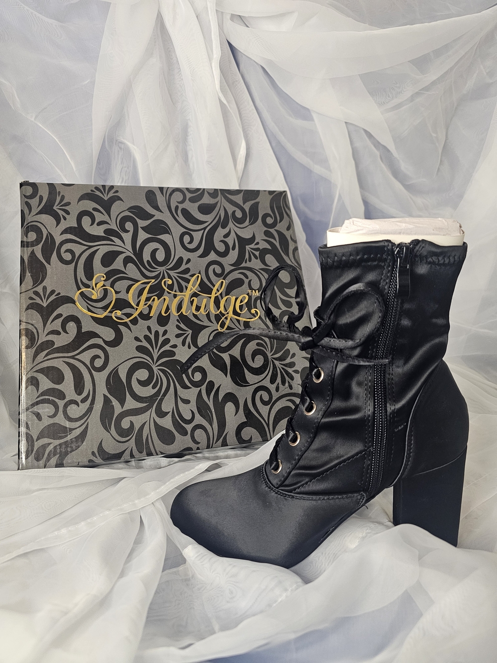 indulge Black Satin Lace-Up Block Heel Ankle Boots